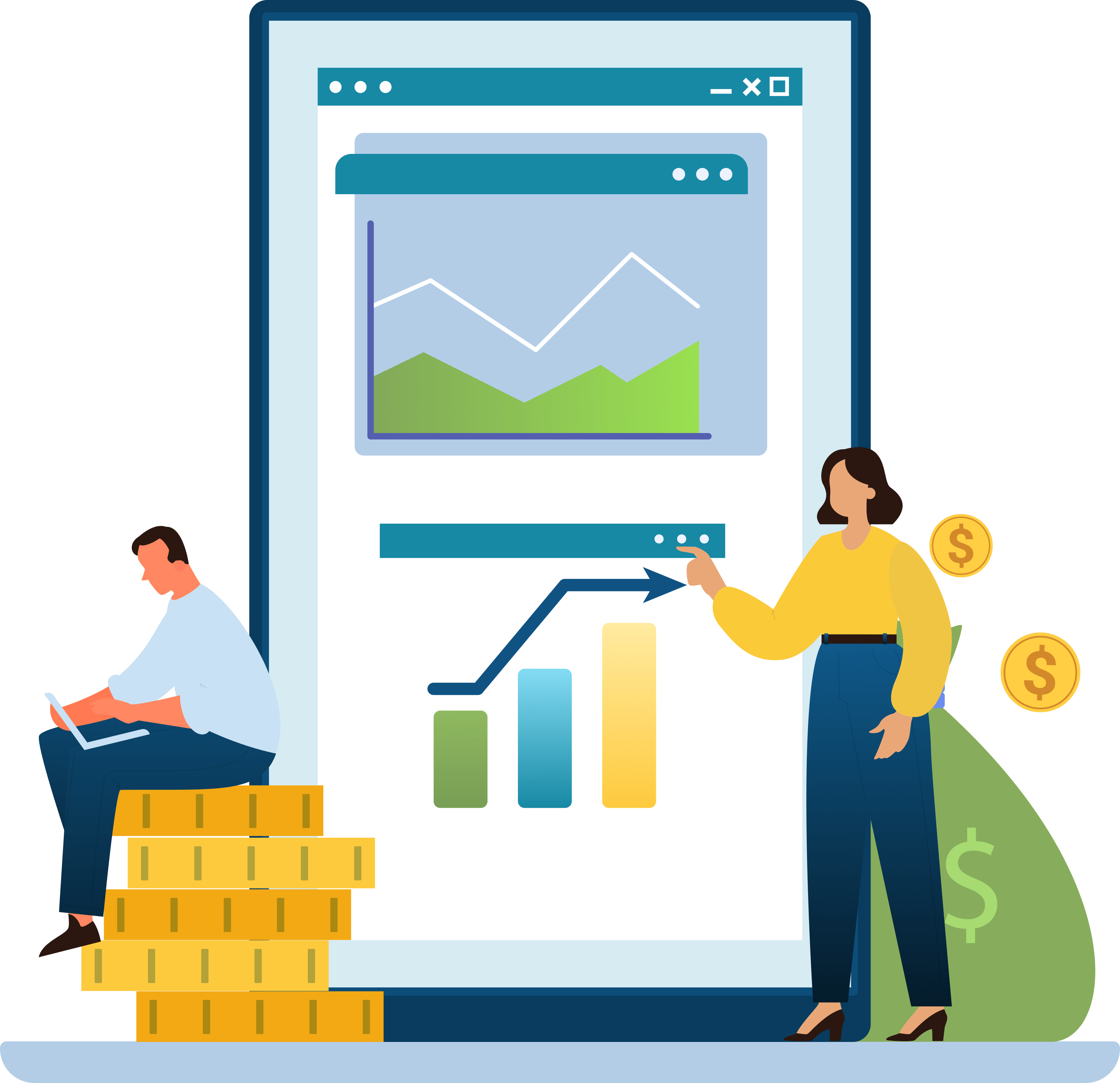 an illustrated graphic of a large screen showing financial graphs with trend lines. a cartoon woman is pointing at one of the graphs while a cartoon man sits on top of a pile of cartoonishly large coins.