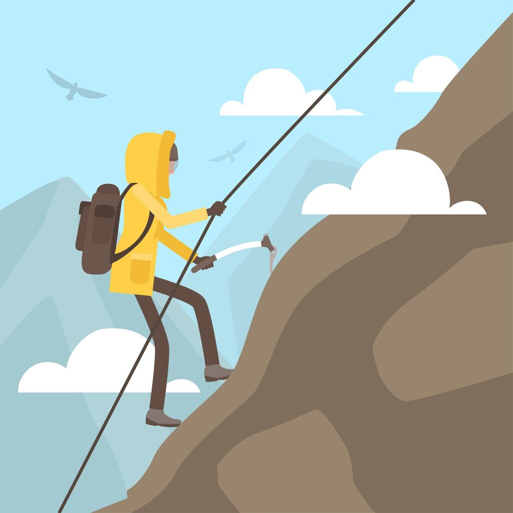 A flat color illustration of a person in a yellow parka climbing a mountain with mountain-climbing gear while birds fly in the background