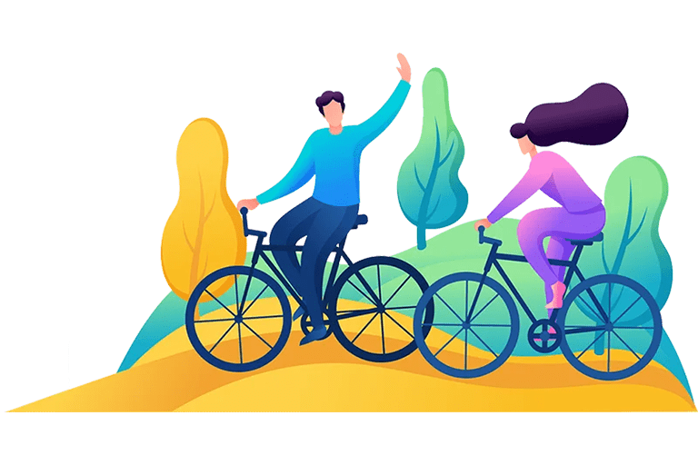 clip art style illustration of a man and woman on bicycles riding through a park