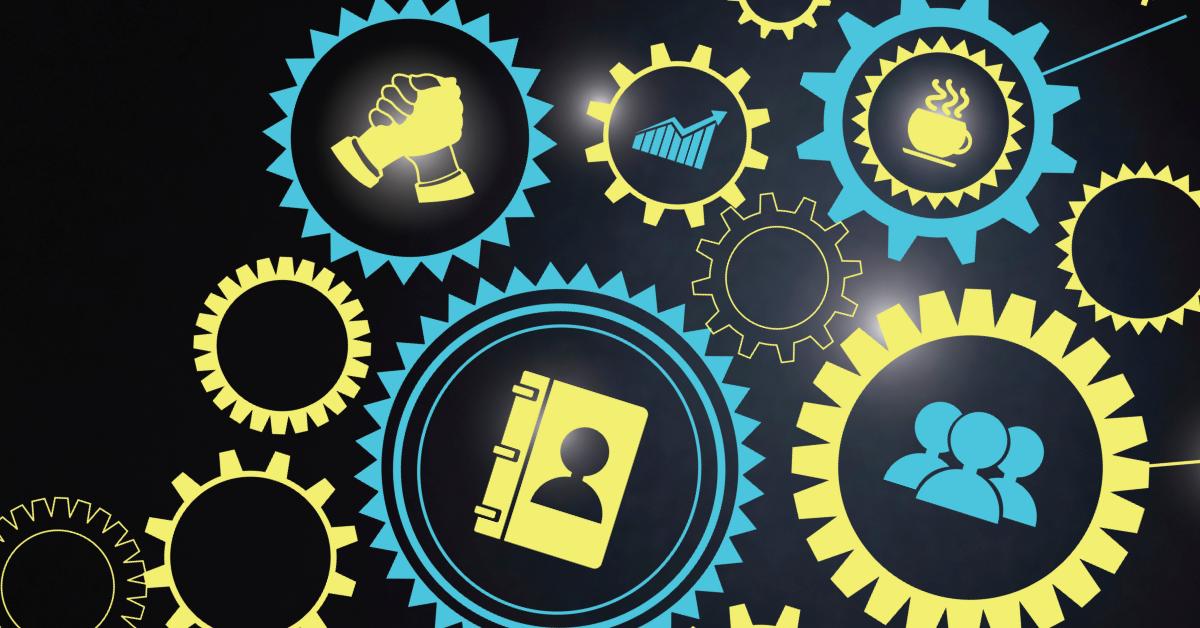 graphic of gears in many different sizes and shapes. some of the gears have business-related icons in them of people, handshake, coffee, and graph