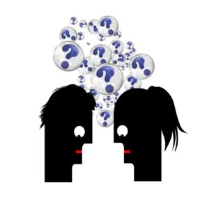 cartoon graphic of two people looking confused with bubbles full of question marks over their heads