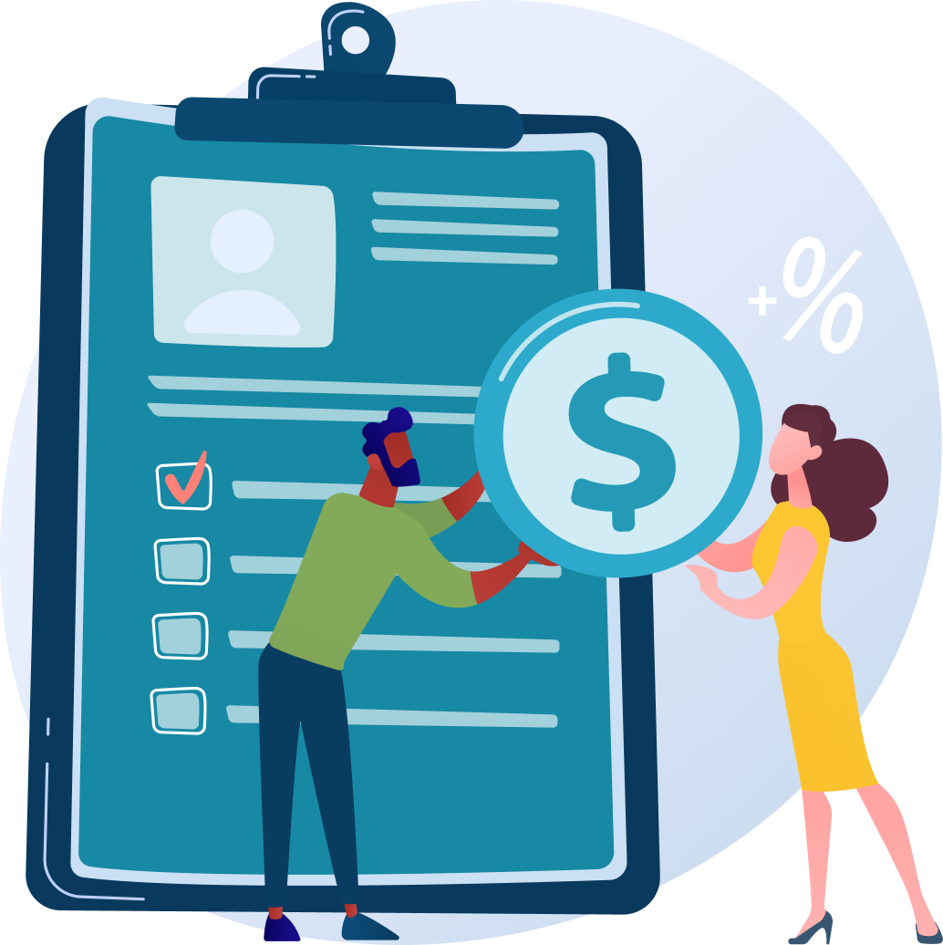 An illustrated graphic of a man in a green shirt handing a bubble with the dollar sign inside it to a woman in a yellow dress with a clipboard and a checklist in the background