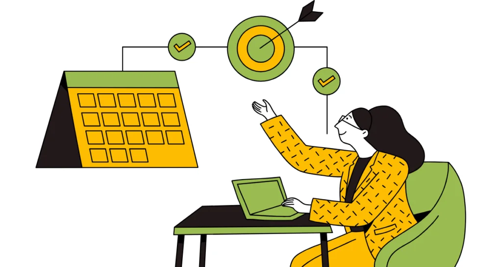 Worker looking at targets, goals, and calendar