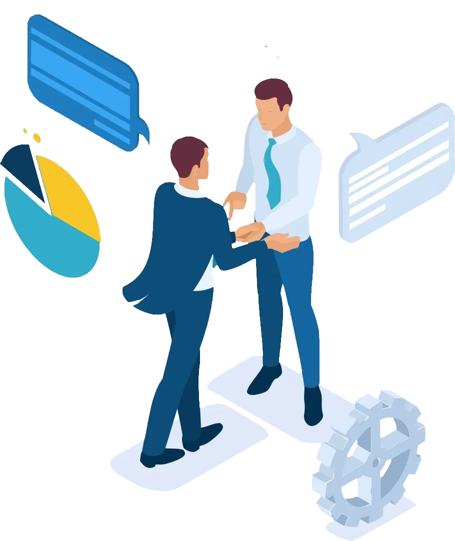 illustration of two men at work shaking hands with logistics imagery surrounding them