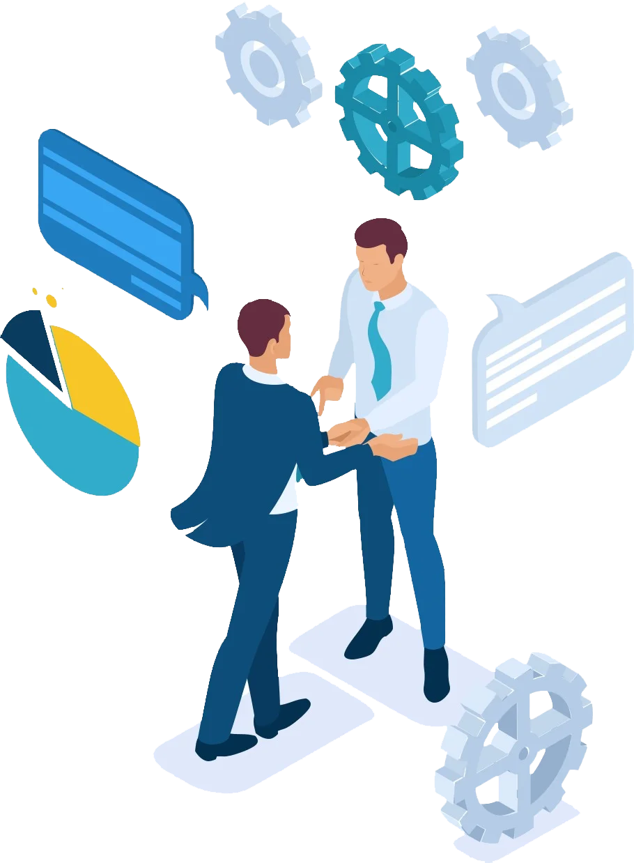 illustration of two men at work shaking hands with logistics imagery surrounding them